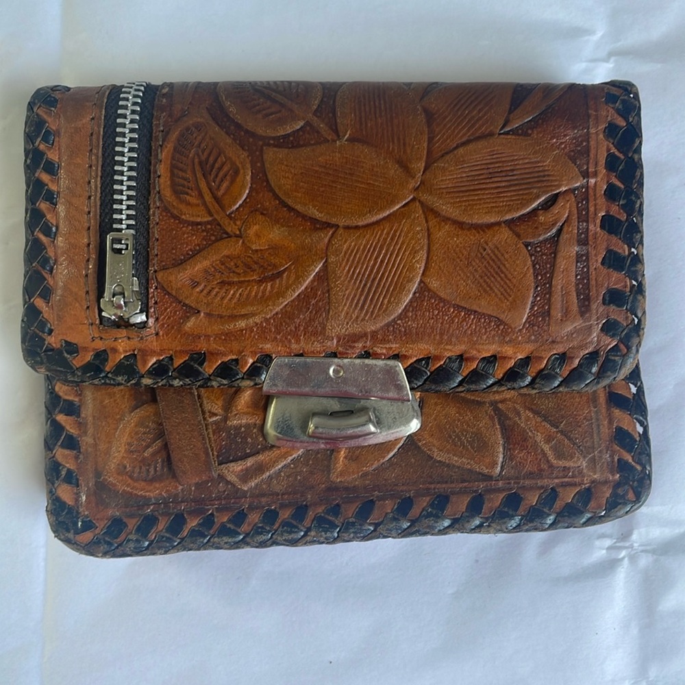 Vintage Hand Tooled Leather Wallet Floral Mexico